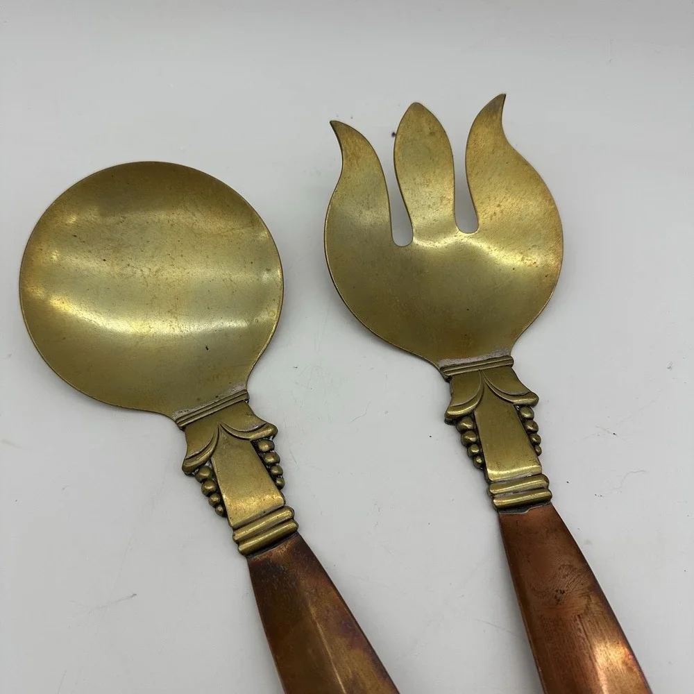ART DECO COPPER & GOLD TONE MIXED‎ METAL SALAD SET FORK & SPOON 12